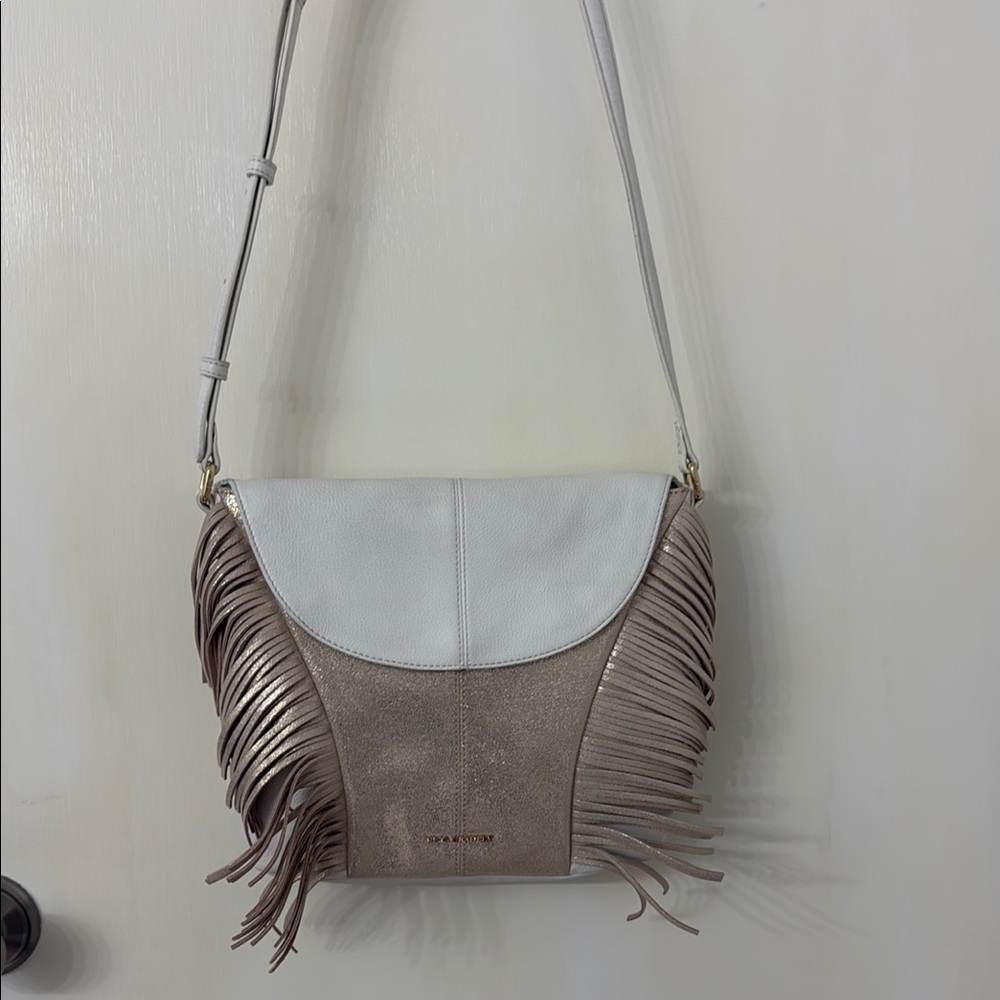 Vera Bradley White and Tan Crossbody Bag with Fringe